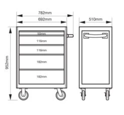 Bahco 1472K5BLACK E72 5 Drawer 26" Mobile Roller Cabinet Black -Home Tools Sale 1472K5 Dims