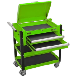 Sealey AP760MHV Heavy-Duty Mobile Tool &amp; Parts Trolley 2 Drawers &amp; Lockable Top - Green -Home Tools Sale AP760MHV DRAWERS OPEN PIC3 DFC33195