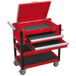 Sealey AP760M Heavy-Duty Mobile Tool &amp; Parts Trolley 2 Drawers &amp; Lockable Top - Red -Home Tools Sale AP760M DRAWERS OPEN PIC3 DFC33272